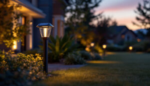 A photograph of a beautifully illuminated outdoor space featuring stylish solar exterior post lights