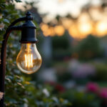 A photograph of a close-up of an outdoor bulb socket installed in a beautifully landscaped garden