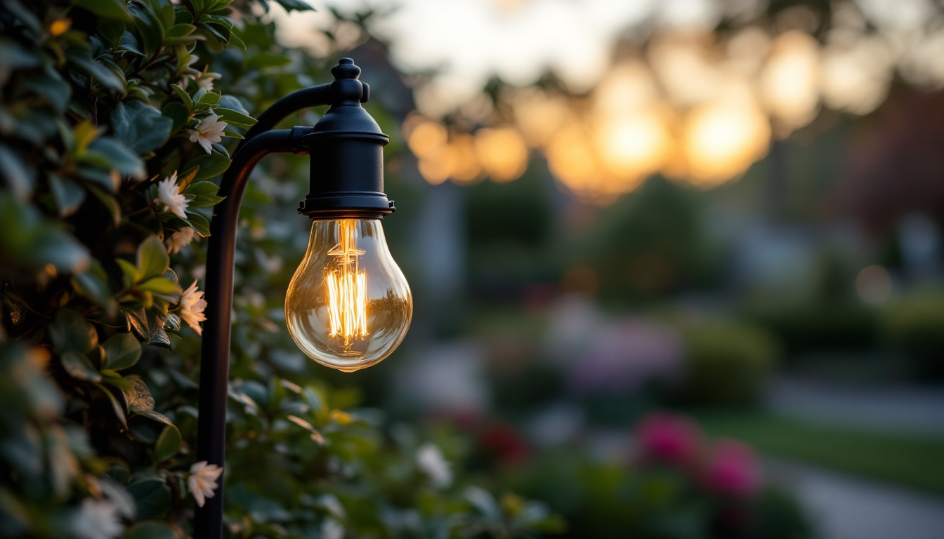 A photograph of a close-up of an outdoor bulb socket installed in a beautifully landscaped garden