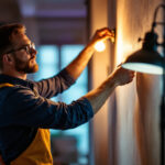 A photograph of a lighting contractor in action