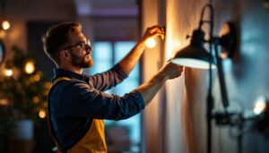 A photograph of a lighting contractor in action