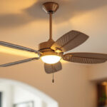A photograph of a stylish decorative ceiling fan installed in a well-lit room