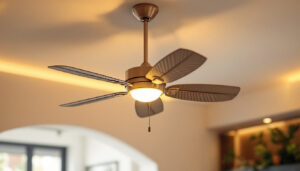 A photograph of a stylish decorative ceiling fan installed in a well-lit room