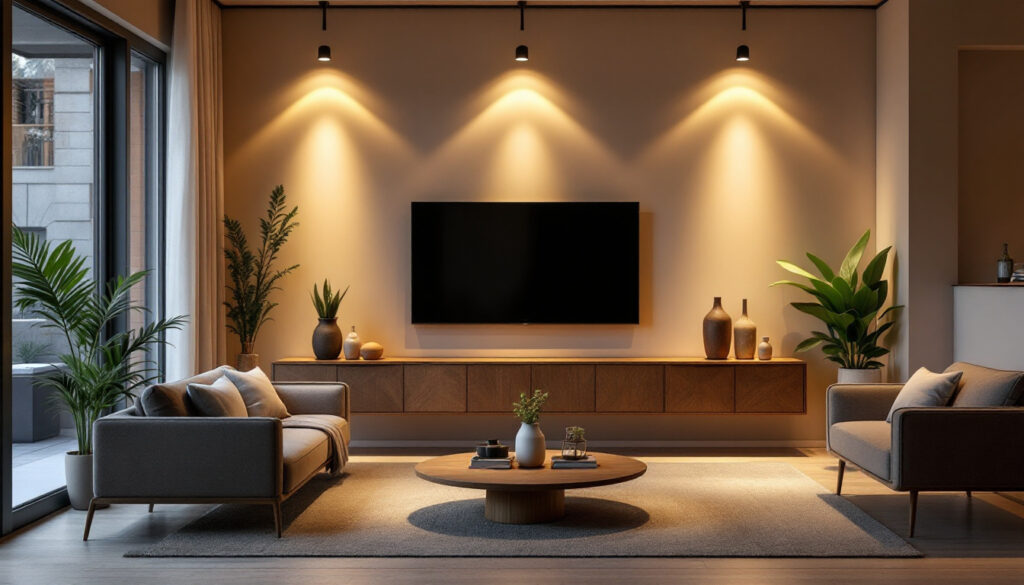 A photograph of a beautifully designed interior space showcasing 3-inch can lights in action