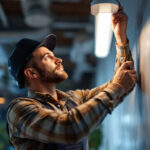 A photograph of a skilled lighting contractor installing a t5 lamp fixture in a commercial setting