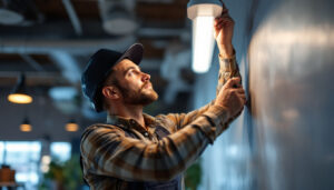 A photograph of a skilled lighting contractor installing a t5 lamp fixture in a commercial setting