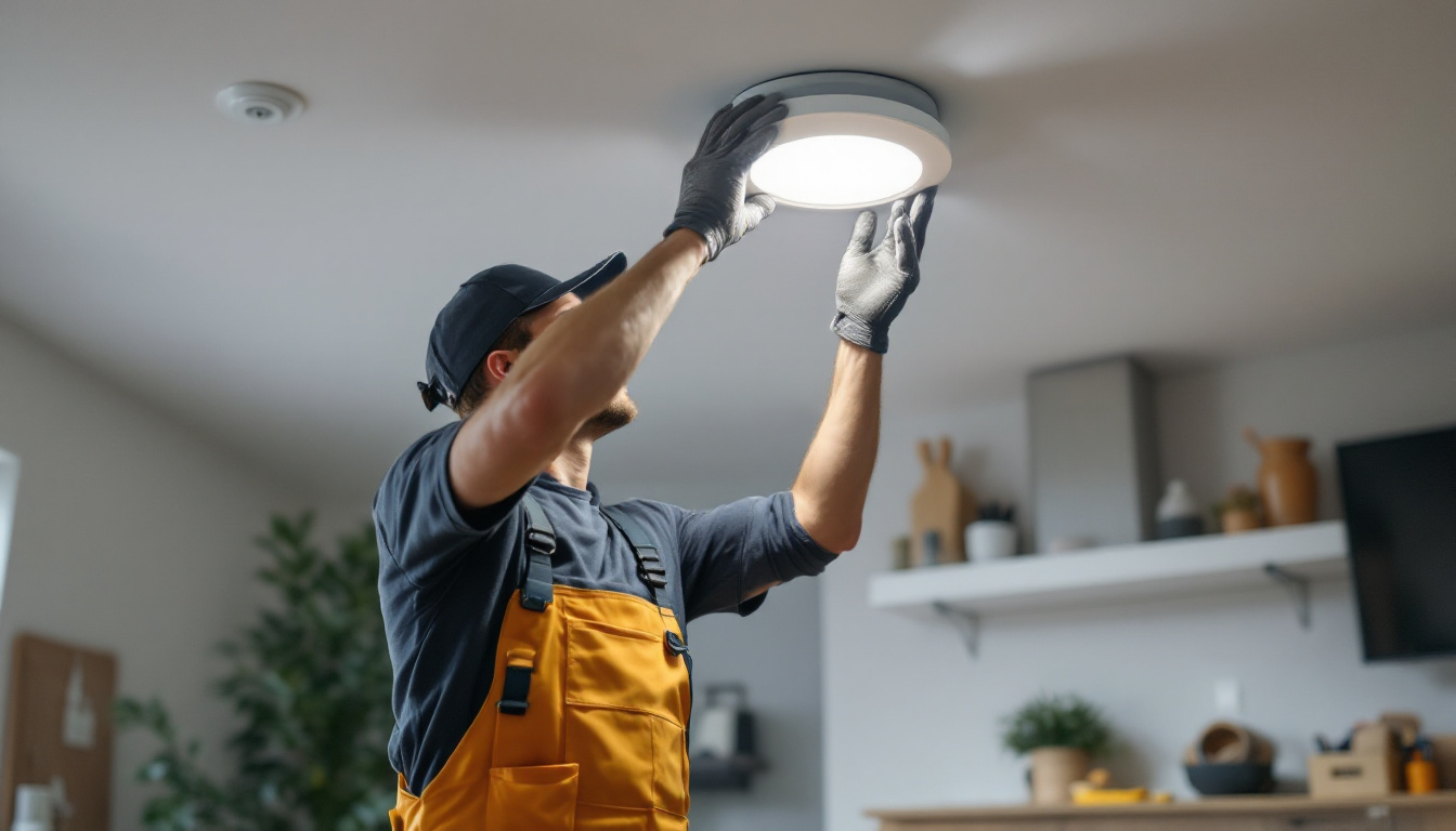 A photograph of a skilled lighting contractor expertly replacing a recessed light fixture in a modern home