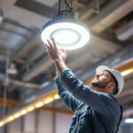 A photograph of a lighting contractor installing a led ufo high bay light in a commercial space