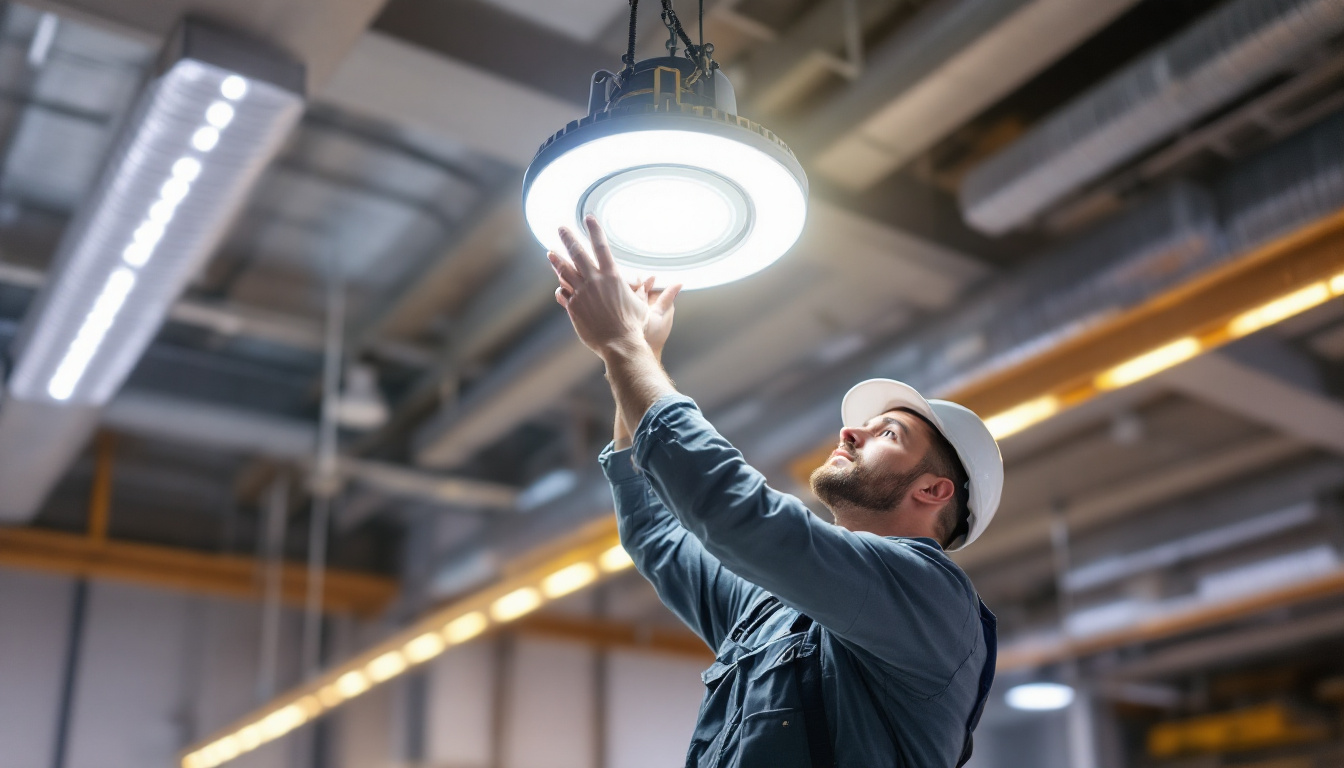 A photograph of a lighting contractor installing a led ufo high bay light in a commercial space