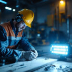 A photograph of a lighting contractor in action