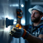 A photograph of a professional electrician installing a high-quality receptacle plug in a well-lit environment