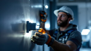 A photograph of a professional electrician installing a high-quality receptacle plug in a well-lit environment