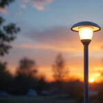 A photograph of a beautifully designed solar light post lamp in an outdoor setting