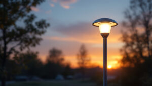 A photograph of a beautifully designed solar light post lamp in an outdoor setting