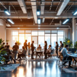 A photograph of a modern office space illuminated by sleek led office lights
