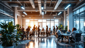 A photograph of a modern office space illuminated by sleek led office lights