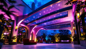 A photograph of a well-lit outdoor space featuring a modern led canopy installation
