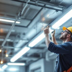 A photograph of a lighting contractor installing t8 led tubes in a commercial setting