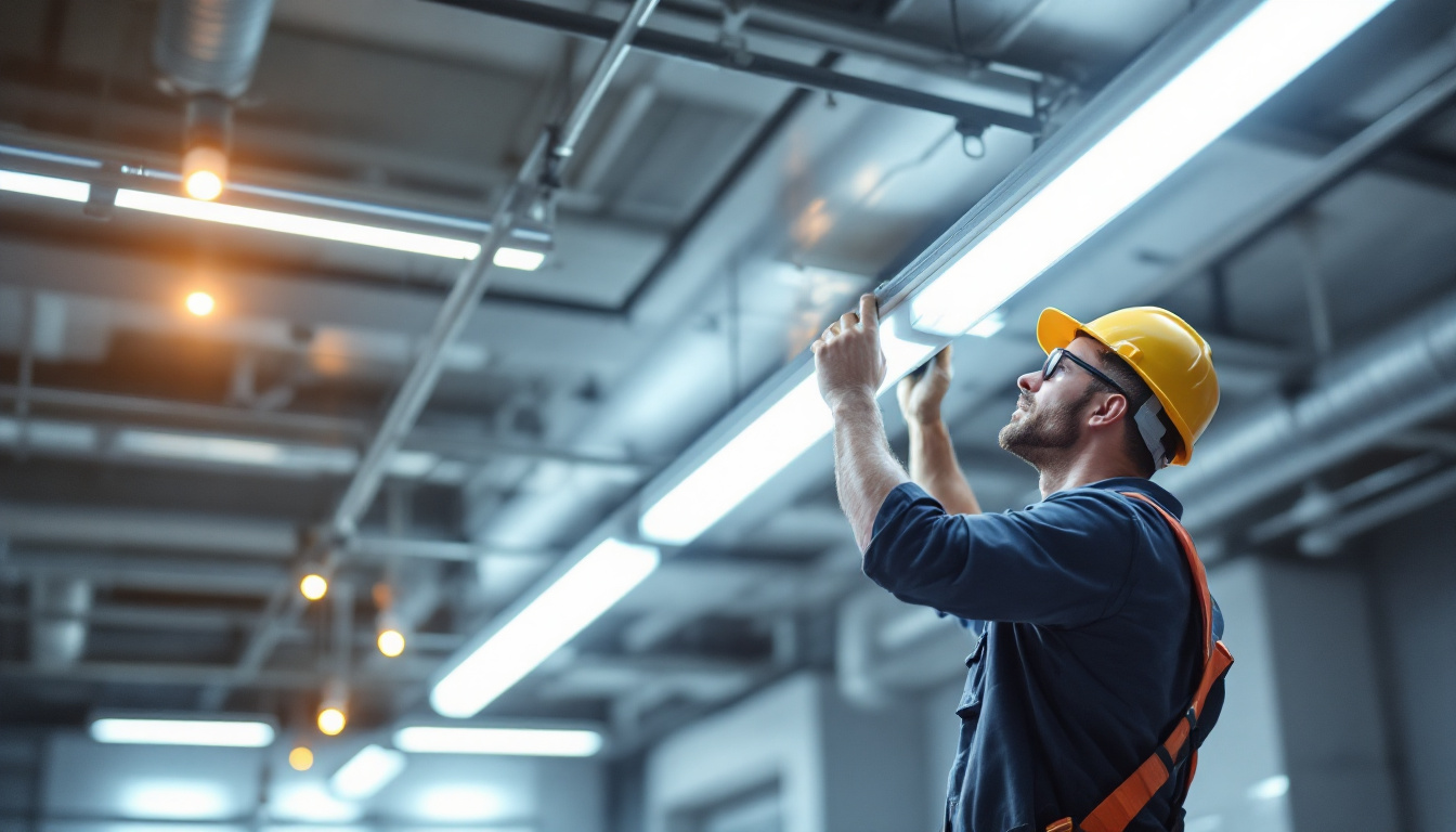 A photograph of a lighting contractor installing t8 led tubes in a commercial setting