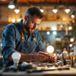 A photograph of a lighting contractor working with various led bulbs of different brightness levels