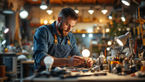 A photograph of a lighting contractor working with various led bulbs of different brightness levels