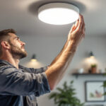 A photograph of a skilled lighting contractor installing a sleek flush mount led fixture in a modern home setting