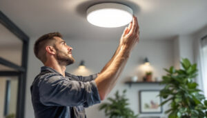 A photograph of a skilled lighting contractor installing a sleek flush mount led fixture in a modern home setting