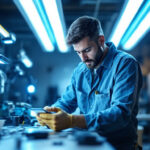 A photograph of a lighting contractor examining various uv light fixtures in a well-lit workspace