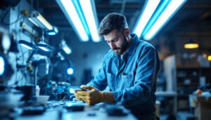A photograph of a lighting contractor examining various uv light fixtures in a well-lit workspace
