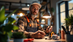 A photograph of a lighting contractor carefully installing a 12w led light fixture in a modern setting