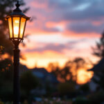 A photograph of a beautifully illuminated outdoor lamp post in a residential or commercial setting during twilight