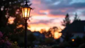 A photograph of a beautifully illuminated outdoor lamp post in a residential or commercial setting during twilight