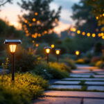 A photograph of a serene outdoor setting at dusk
