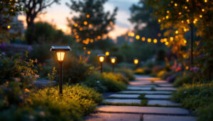 A photograph of a serene outdoor setting at dusk