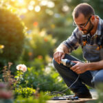 A photograph of a skilled lighting contractor installing an outdoor lamp holder socket in a beautifully landscaped garden