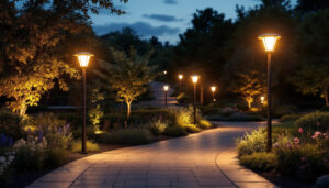 A photograph of a beautifully illuminated outdoor space featuring various styles of solar light posts in use
