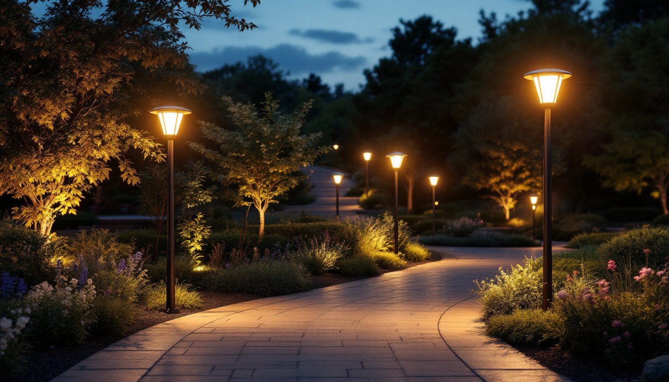A photograph of a beautifully illuminated outdoor space featuring various styles of solar light posts in use