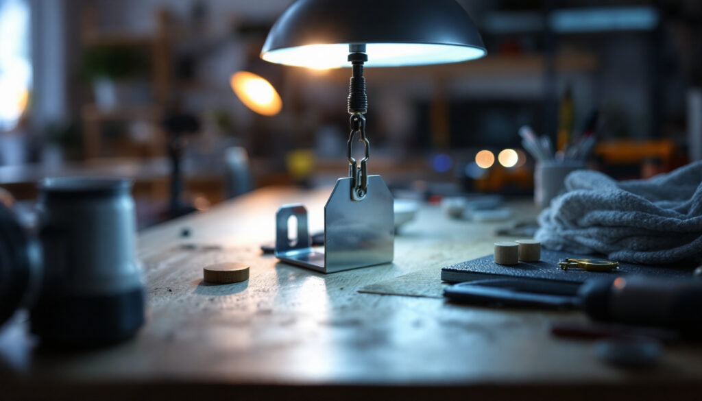 A photograph of a well-lit workspace featuring a close-up of a mounting bracket being installed for a light fixture