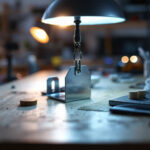A photograph of a well-lit workspace featuring a close-up of a mounting bracket being installed for a light fixture