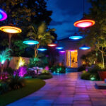 A photograph of a beautifully illuminated outdoor space featuring led ufo lights in action