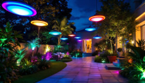 A photograph of a beautifully illuminated outdoor space featuring led ufo lights in action