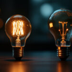 A photograph of a vintage light bulb alongside a modern led bulb