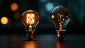 A photograph of a vintage light bulb alongside a modern led bulb