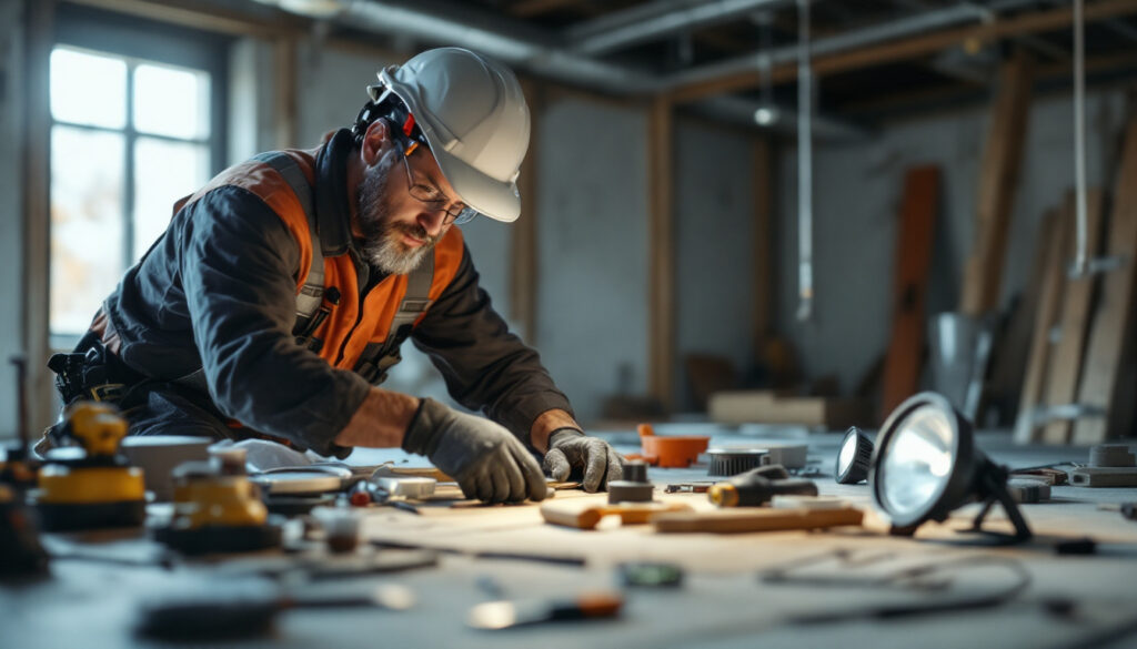 A photograph of a lighting contractor efficiently working on a job site