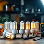 A photograph of a well-lit workspace featuring an array of led corn light bulbs displayed alongside essential lighting contractor tools