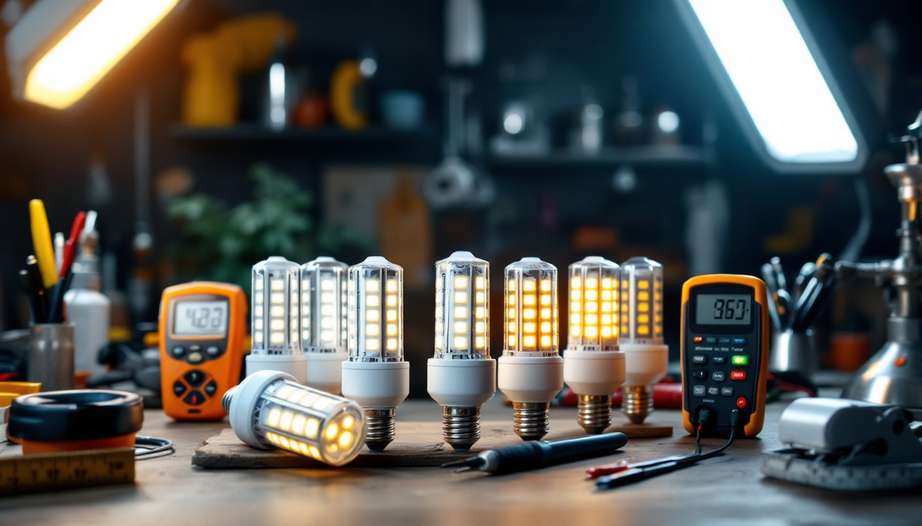 A photograph of a well-lit workspace featuring an array of led corn light bulbs displayed alongside essential lighting contractor tools