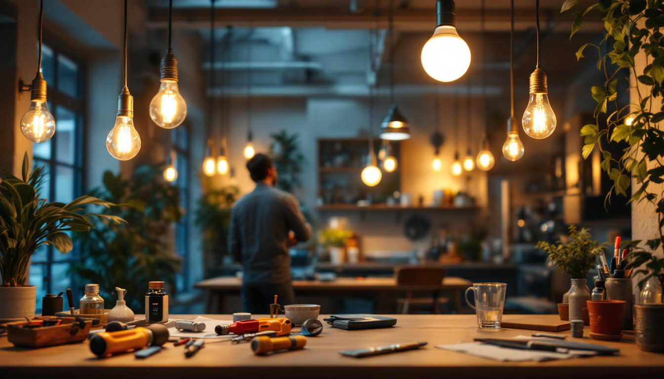 A photograph of a well-lit interior space showcasing eiko light bulbs in various fixtures