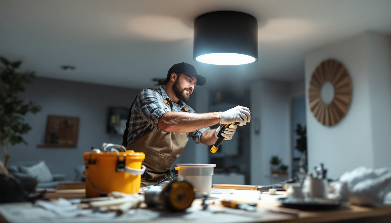 A photograph of a lighting contractor installing a pot light conversion kit in a modern home setting