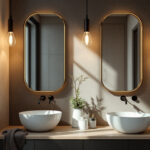 A photograph of a beautifully designed bathroom featuring stylish vanity lights