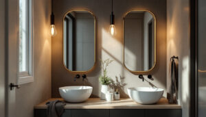 A photograph of a beautifully designed bathroom featuring stylish vanity lights